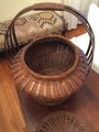 Vintage Handmade Basket, Oval Shaped Domed Lid Wicker Willow Basket w/ Handle, Sewing Storage Basket