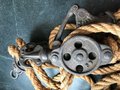 Well barn pulley wheel hooks crane industrial farm loft decor circa 1945s