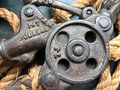 Well barn pulley wheel hooks crane industrial farm loft decor circa 1945s