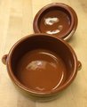 Rustic brown yellow pottery dish or cocotte with lid. Farmhouse charm