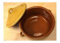 Rustic brown yellow pottery dish or cocotte with lid. Farmhouse charm