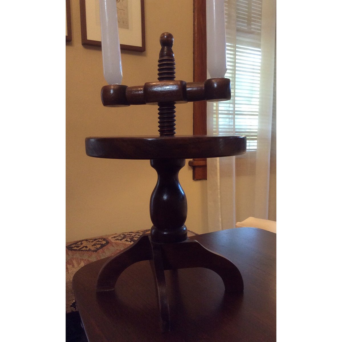 vintage craftsman style wooden candle holder with two arms