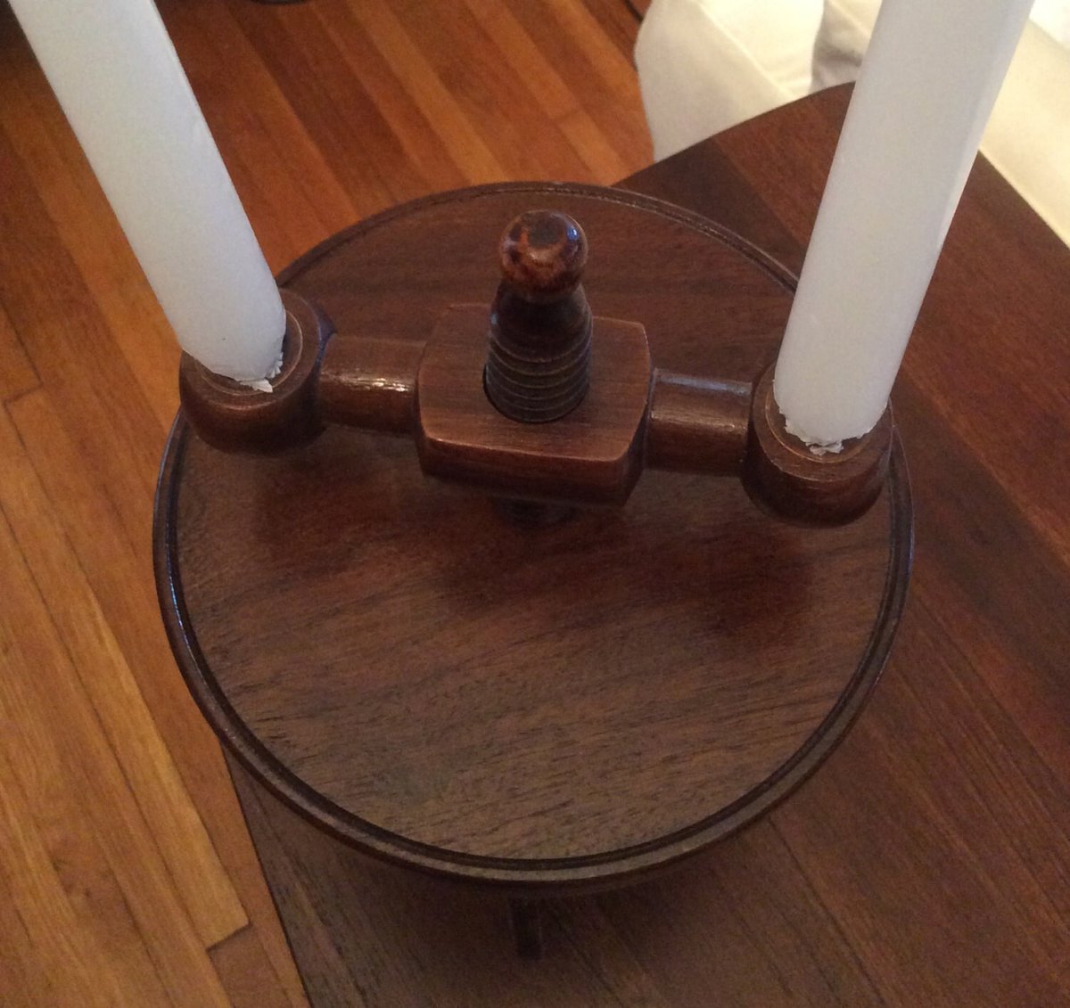 vintage craftsman style wooden candle holder with two arms