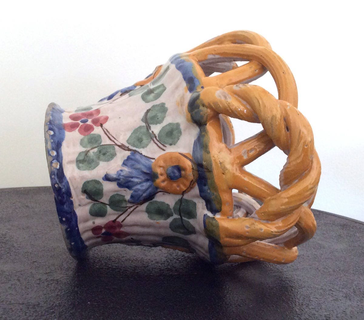 Vintage Majolica Italian Pottery Ceramic Hand Painted Basket Planter Mid Century Art Pottery Italian Art