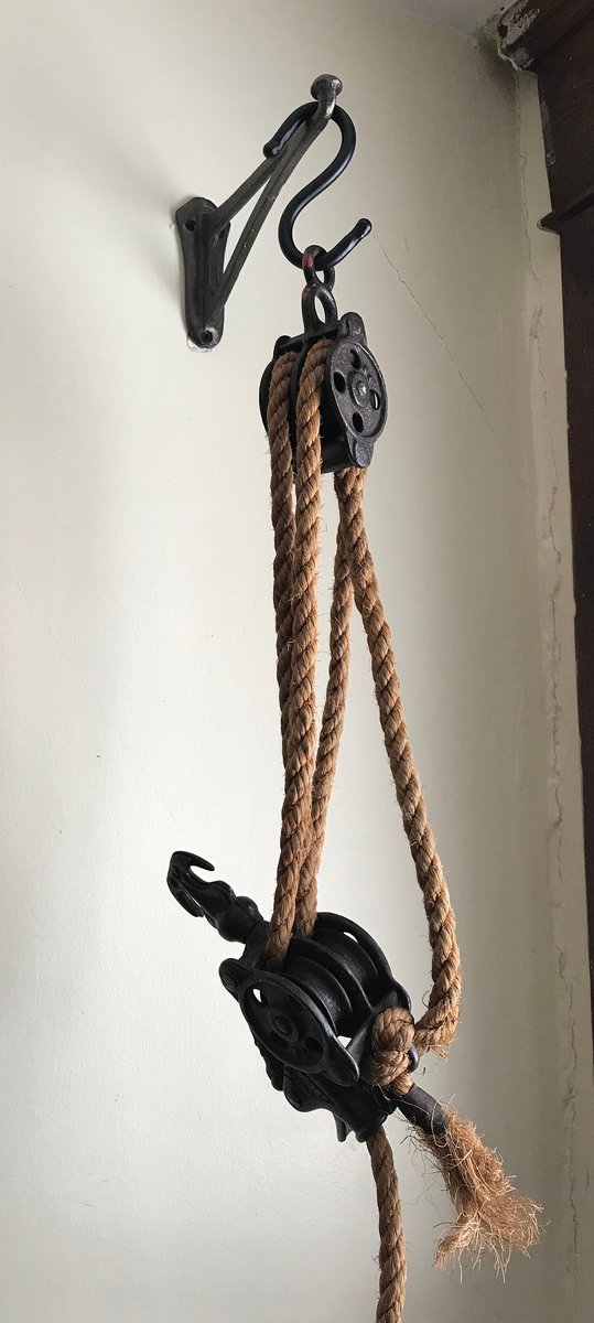 Well barn pulley wheel hooks crane industrial farm loft decor circa 1945s