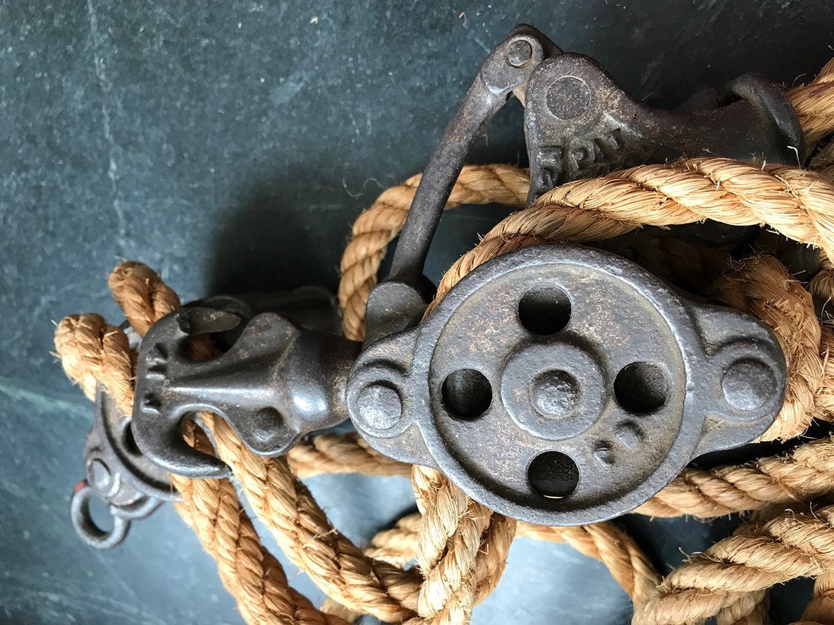 Well barn pulley wheel hooks crane industrial farm loft decor circa 1945s