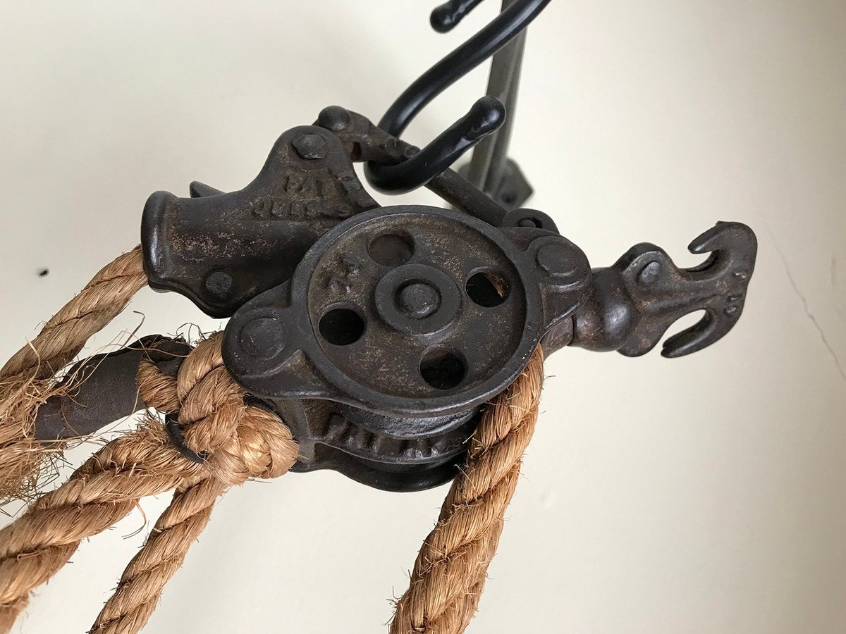Well barn pulley wheel hooks crane industrial farm loft decor circa 1945s