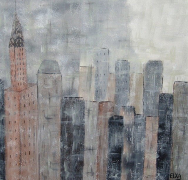 CITY SKYLINE in the FOG -- original fine art, abstract acrylic on canvas