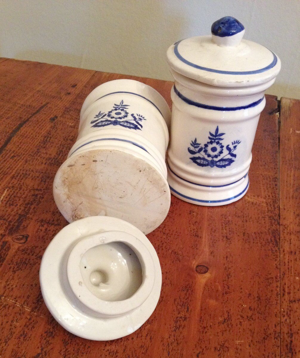 White and Blue Ceramic Apothecary Jars with Lid