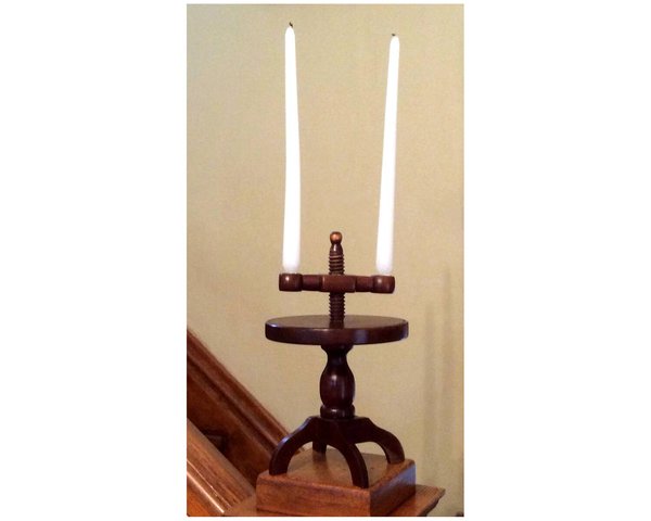 vintage craftsman style wooden candle holder with two arms