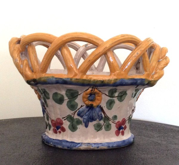 Vintage Majolica Italian Pottery Ceramic Hand Painted Basket Planter Mid Century Art Pottery Italian Art