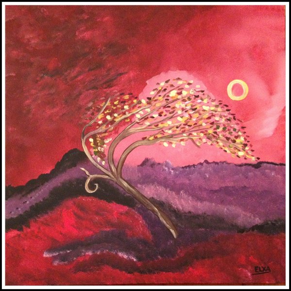 WINDBLOWN TREE -- original fine art, vibrantly alive acrylic on canvas