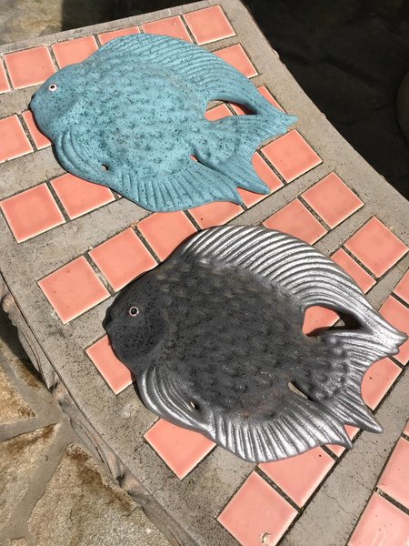 TWO CLAY FISHES, blue and gray