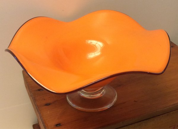 Fabulous Mid Century Glass Pedestal Bowl Murano Style with Halloween Colors